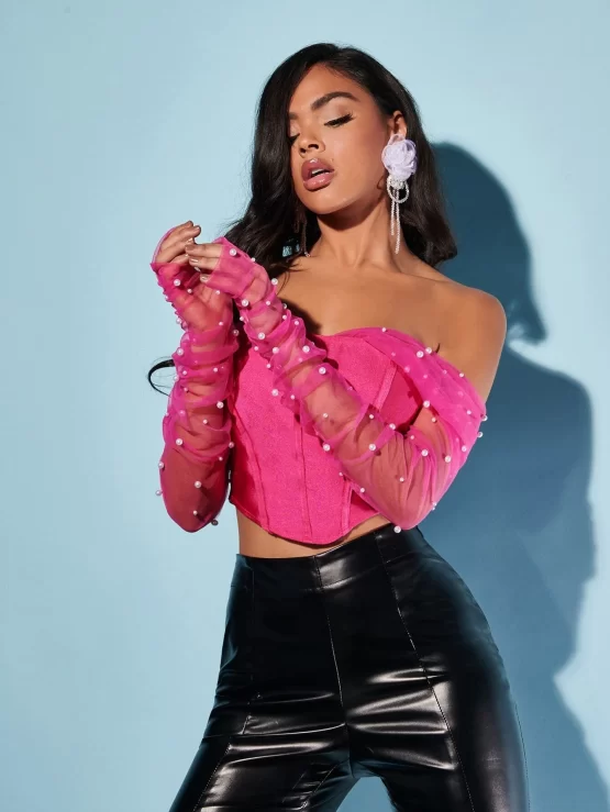 Pearls Beaded Mesh Panel Off Shoulder Asymmetrical Hem Crop Top - Image 2