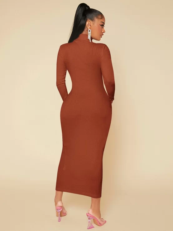 High Neck Plain Elegant Solid Bodycon Dress - Image 4