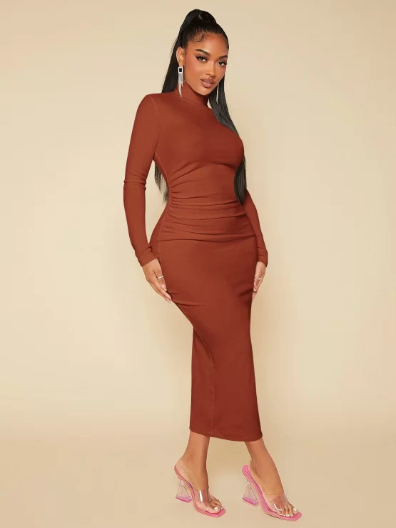 High Neck Plain Elegant Solid Bodycon Dress - Image 5