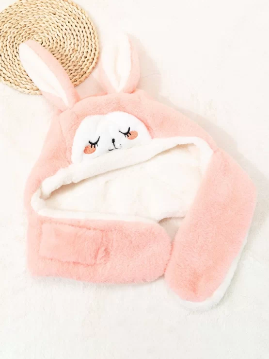 Toddler Girls Embroidered Detail Rabbit Fuzzy Design Hat - Image 2
