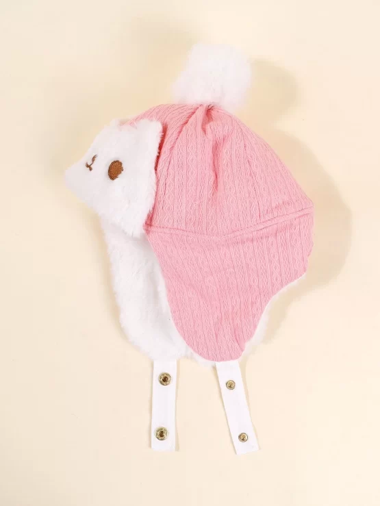 Toddler Girls Cartoon Embroidered Pompom Trapper Decor Hat - Image 3