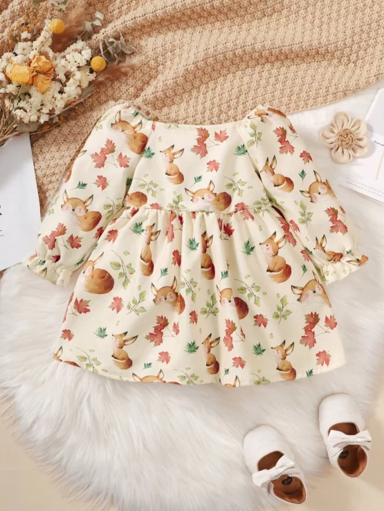 Baby Fox Print Bow Front Flounce Sleeve Dress - Image 3