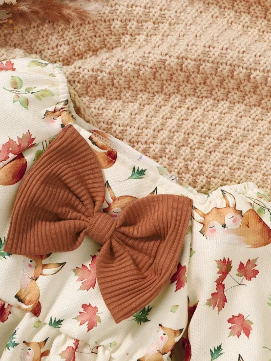 Baby Fox Print Bow Front Flounce Sleeve Dress - Image 2
