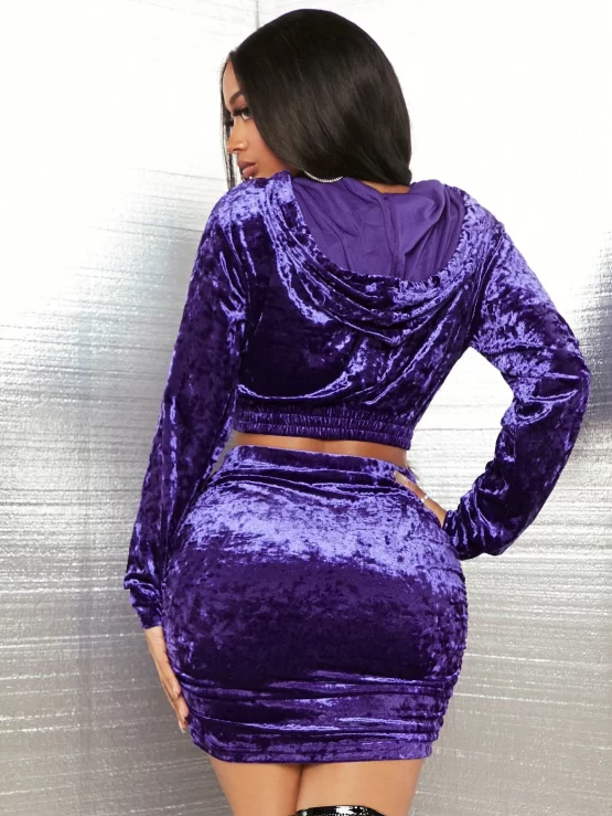 Drop Shoulder Velvet Hoodie & Bodycon Skirt - Image 3