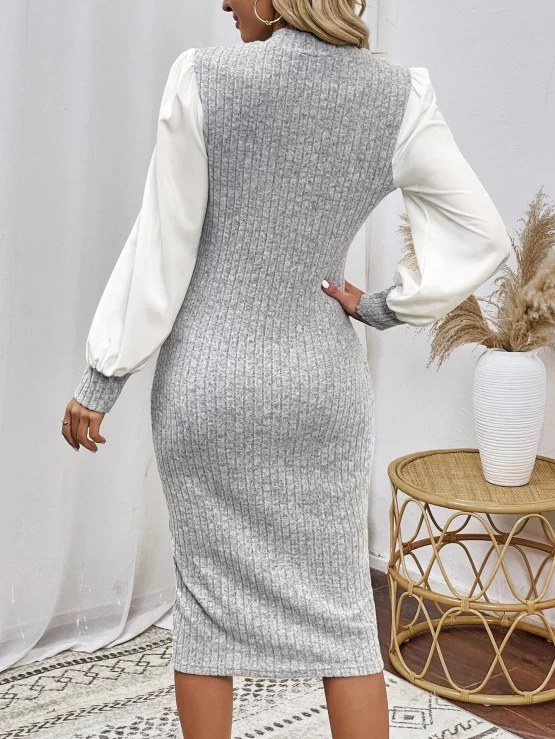 Color Block Lantern Sleeve Mock Neck Bodycon Dress - Image 2