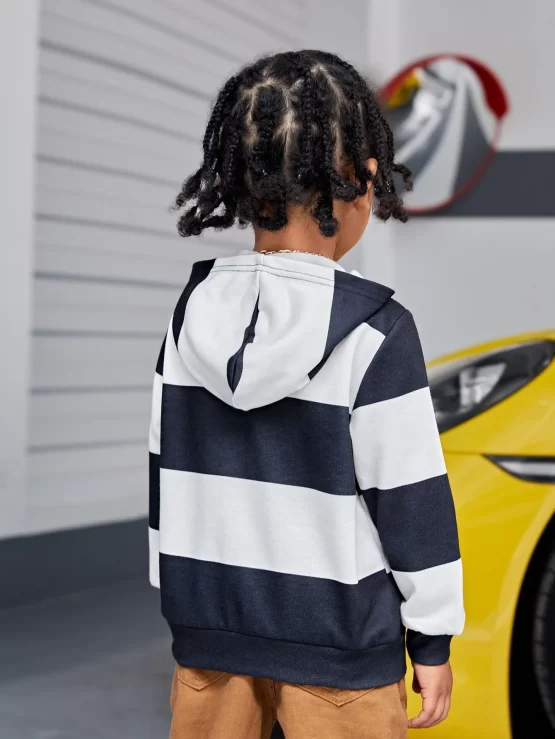 Toddler Boys Striped Letter Patched Button Hoodie - Image 2