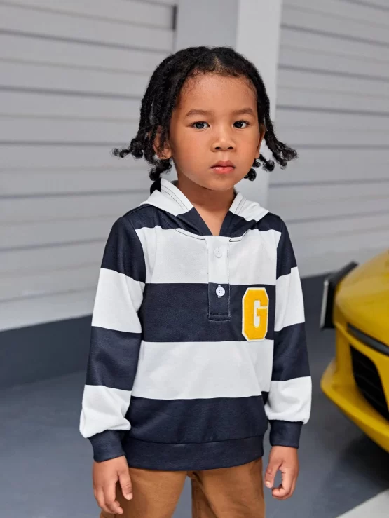 Toddler Boys Striped Letter Patched Button Hoodie - Image 3