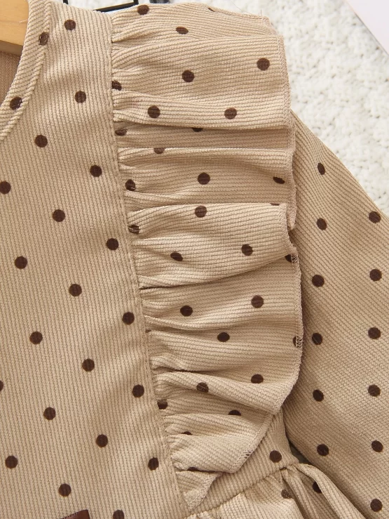 Toddler Girls Polka Dot Print Ruffle Trim Dress - Image 3