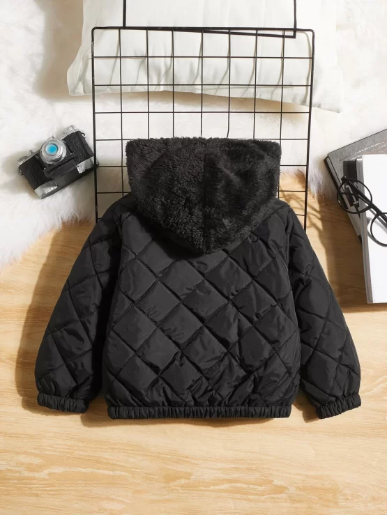 Toddler Boys Letter Patched Detail Fuzzy Zipper Quilted Hooded Coat - Image 2