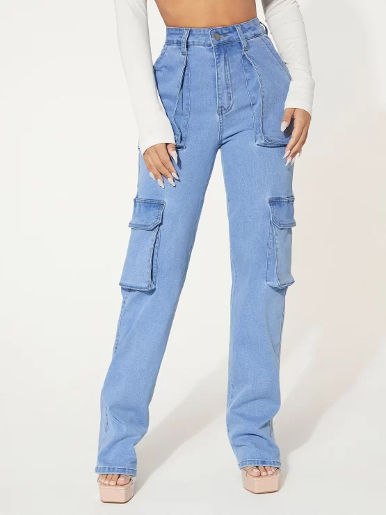 Flap Zipper Fly Button Cargo Pocket Jeans - Image 2
