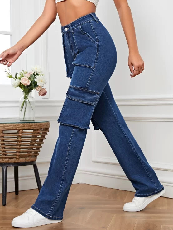 Flap Zipper Fly Button Cargo Pocket Jeans - Image 4