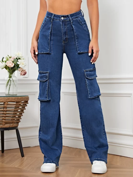 Flap Zipper Fly Button Cargo Pocket Jeans - Image 5