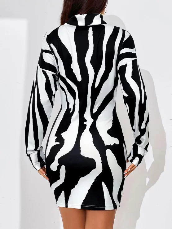 Zebra Striped Mock Neck Drop Shoulder Bodycon Dress - Image 3