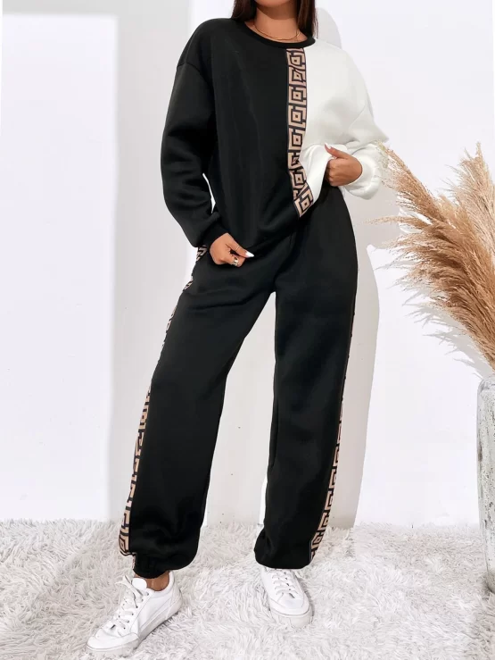 Geo Print Color Block Drop Shoulder Sweatshirt & Sweatpants - Image 3