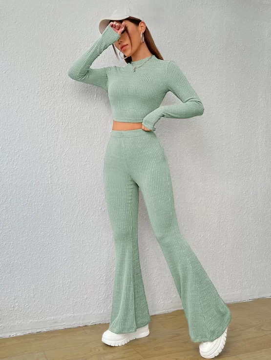 EZwear Ribbed Knit Crop Top & Flare Leg Pants - Image 3