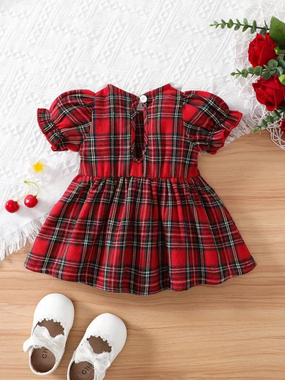 Baby Tartan Contrast Collar Puff Sleeve Dress - Image 2
