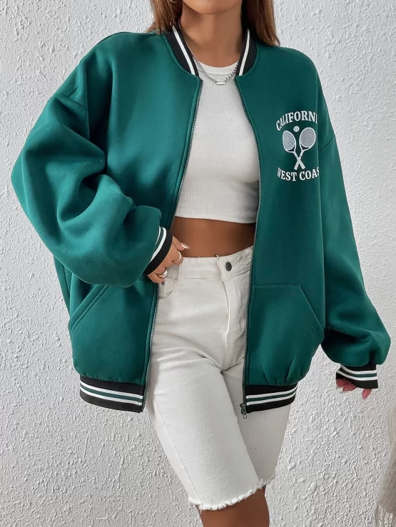 Tennis Racket & Letter Graphic Striped Trim Drop Shoulder Bomber Jacket - Image 3