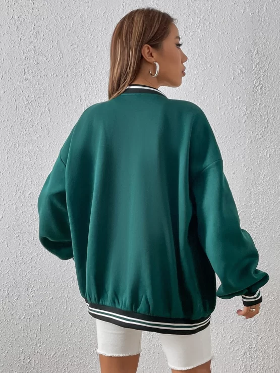 Tennis Racket & Letter Graphic Striped Trim Drop Shoulder Bomber Jacket - Image 2