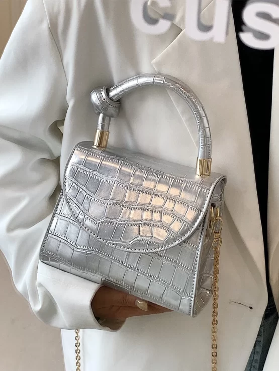 Mini Metallic Crocodile Embossed Flap Chain Square Bag - Image 3