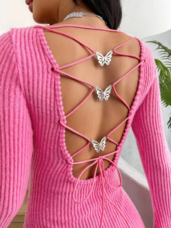 Lace Up Backless Sexy Flounce Sleeve Dress - Image 3