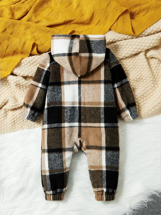 Baby Plaid Kangaroo Pocket Teddy Lined Hooded Print Jumpsuit - Image 2