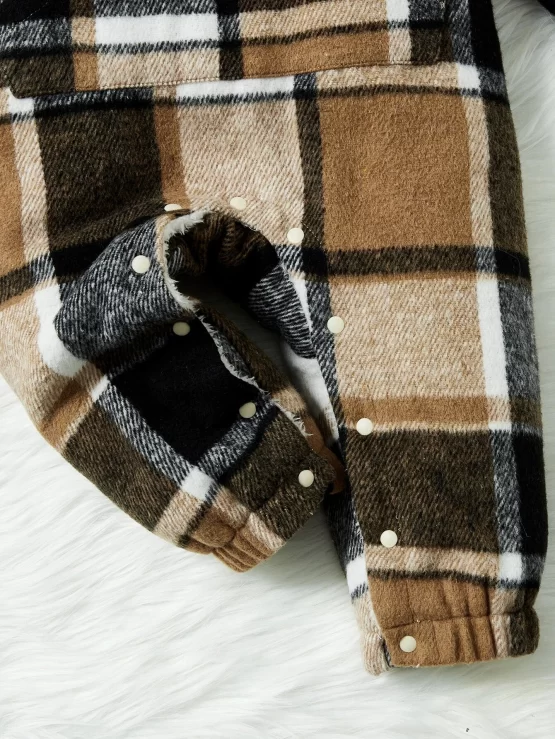 Baby Plaid Kangaroo Pocket Teddy Lined Hooded Print Jumpsuit - Image 3