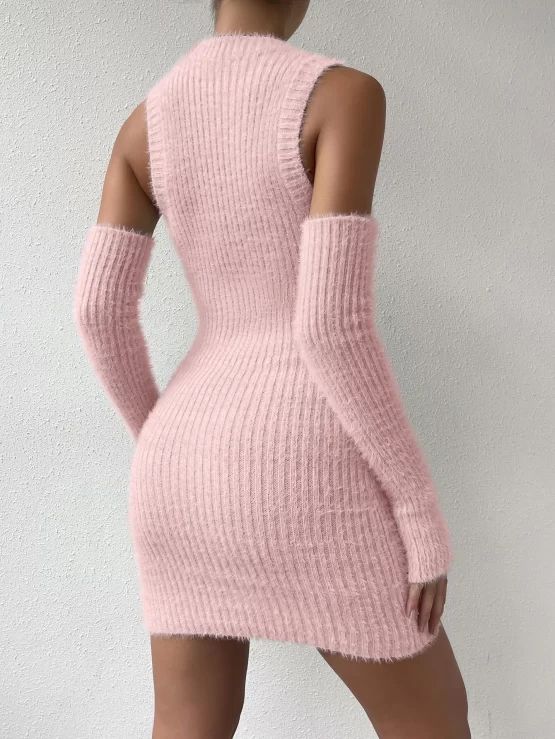 Ribbed Knit Fuzzy Sweater Dress & Arm Sleeves - Image 5