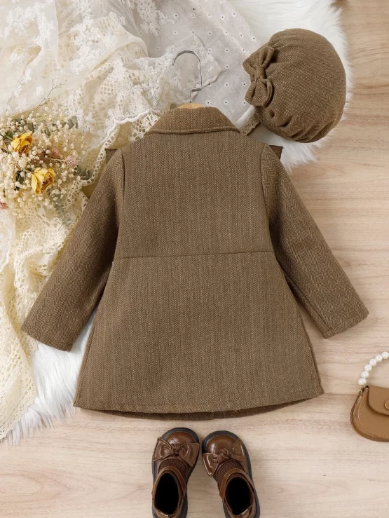 Toddler Girls Ruffle Trim Double Breasted Button Coat & Hat - Image 3