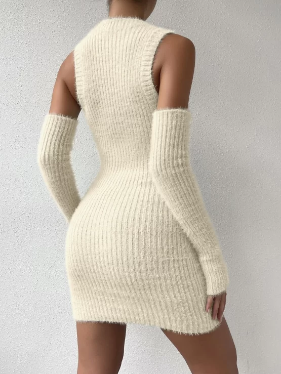 Ribbed Knit Fuzzy Sweater Dress & Arm Sleeves - Image 6