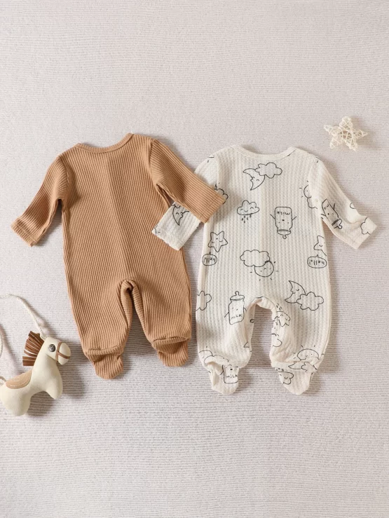 Baby Two Pieces Cartoon Graphic Footed Sleep Button Front Jumpsuit - Image 2