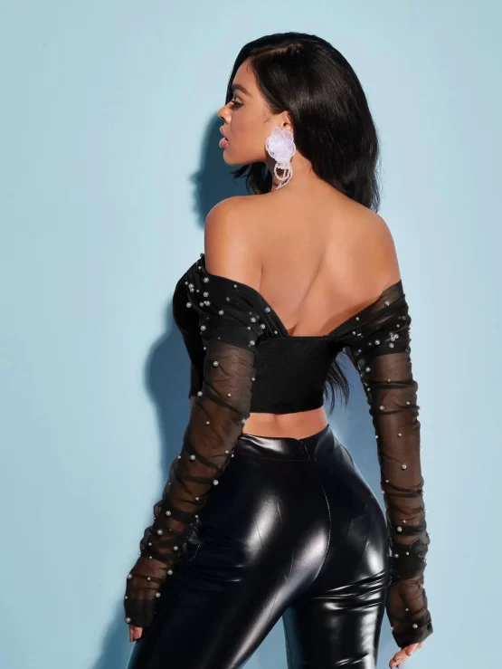 Pearls Beaded Mesh Panel Off Shoulder Asymmetrical Hem Crop Top - Image 4