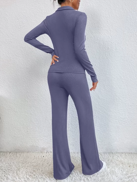 Solid Collar Ribbed Knit Tee & Flare Leg Pants - Image 3