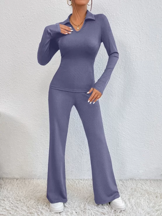 Solid Collar Ribbed Knit Tee & Flare Leg Pants - Image 2