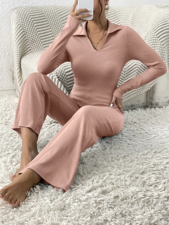 Solid Collar Ribbed Knit Tee & Flare Leg Pants - Image 5