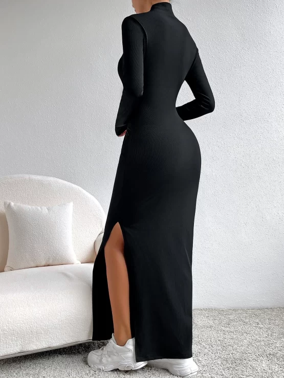EZwear Mock Neck Bodycon Split Thigh Dress - Image 2