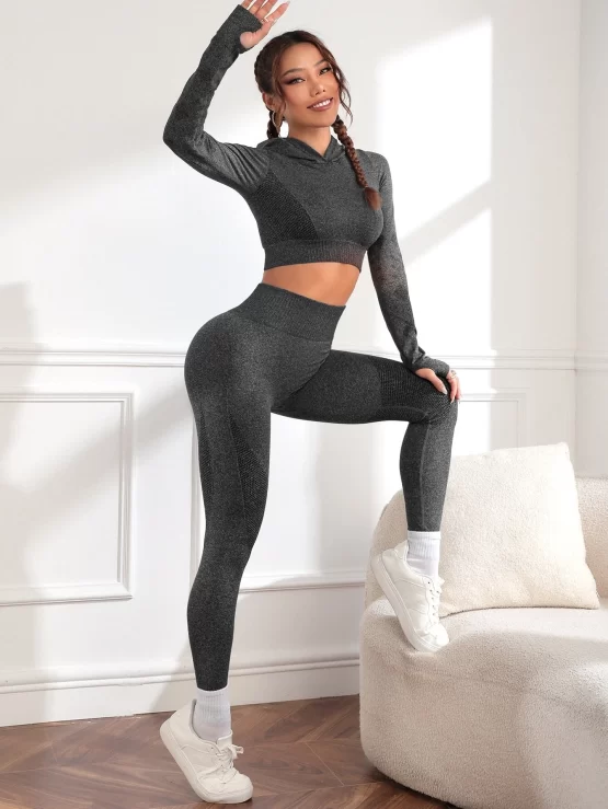 Seamless Plain Thumbholes Hooded Sports Set - Image 3