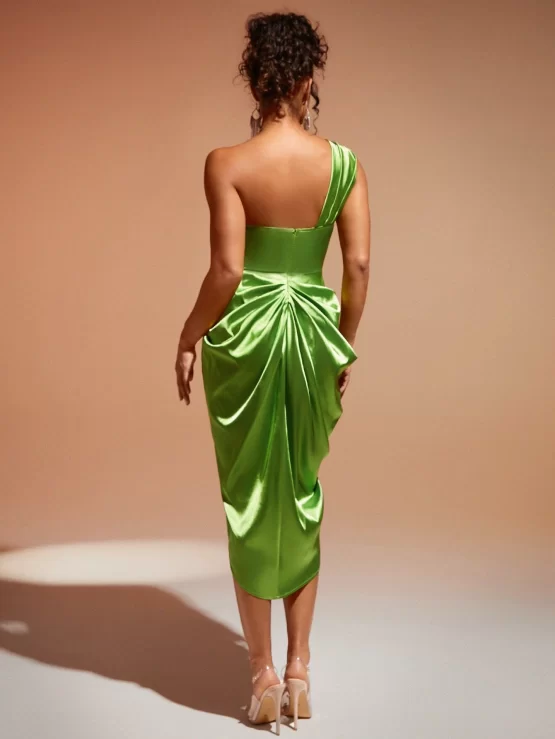 One Shoulder Ruched Split Thigh Satin Dress - Image 3