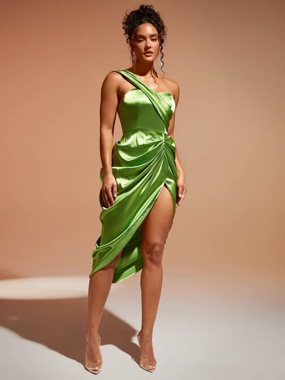 One Shoulder Ruched Split Thigh Satin Dress - Image 2