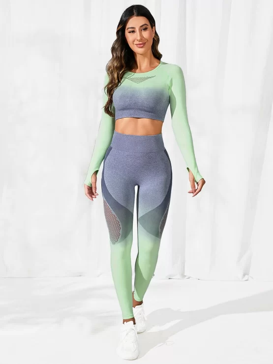 Color Block Hollow Out Thumb Holes Sports Tee & Leggings - Image 2