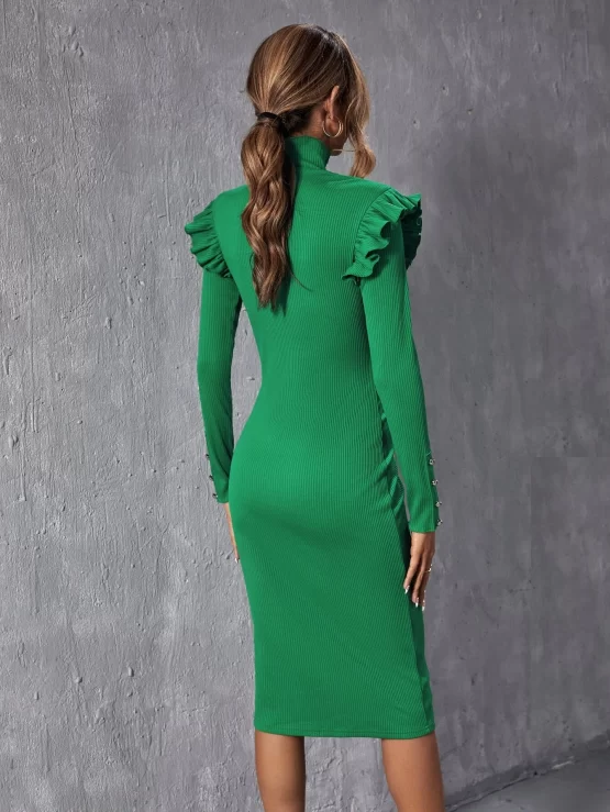 Button Detail High Neck Ruffle Trim Bodycon Dress - Image 2