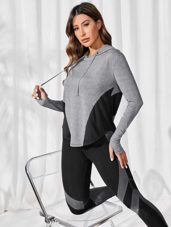 Color Block Drawstring Curved Hem Sports Hoodie - Image 3