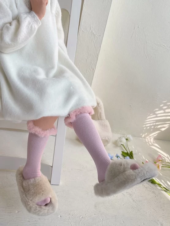 Girls Fluffy Trim Over The Calf Solid Socks - Image 2