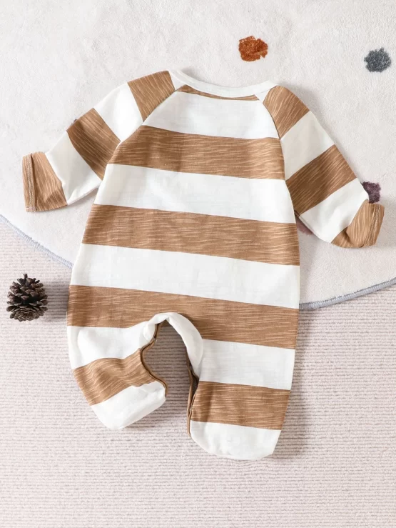 Baby Cartoon Print 3D Ear Footed Sleep Striped Jumpsuit - Image 2