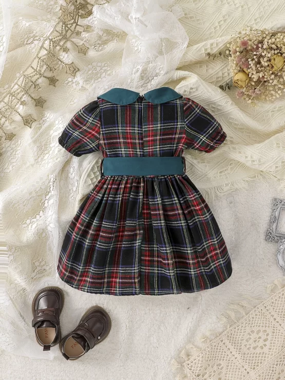 Baby Tartan Print Peter Pan Collar Puff Sleeve Dress - Image 2