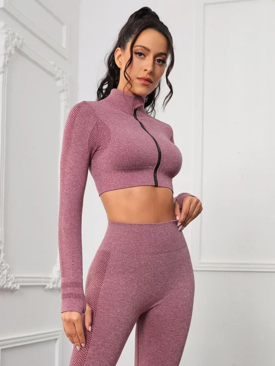Seamless Thumbholes Top-stitching Zipper Sports Set - Image 2