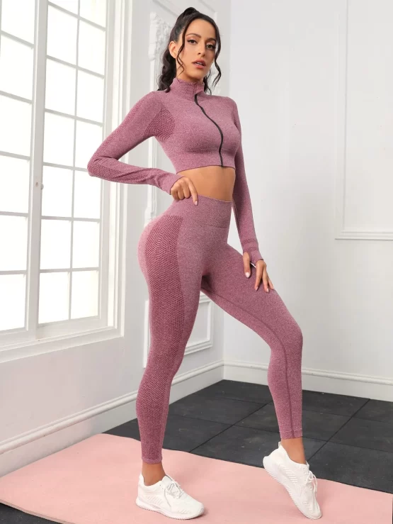 Seamless Thumbholes Top-stitching Zipper Sports Set - Image 3