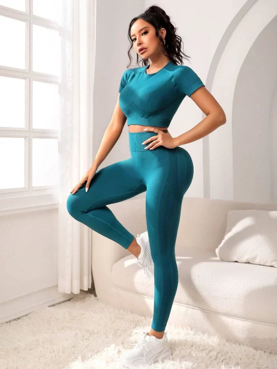 Seamless Color Block Raglan Sleeve Sports Set - Image 2