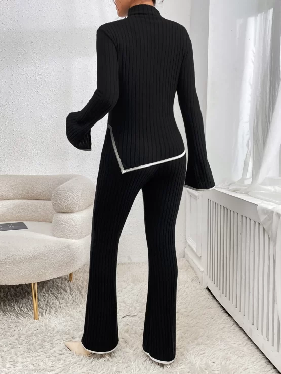 Contrast Trim Flounce Sleeve Asymmetrical Hem Tee & Flare Leg Pants - Image 3