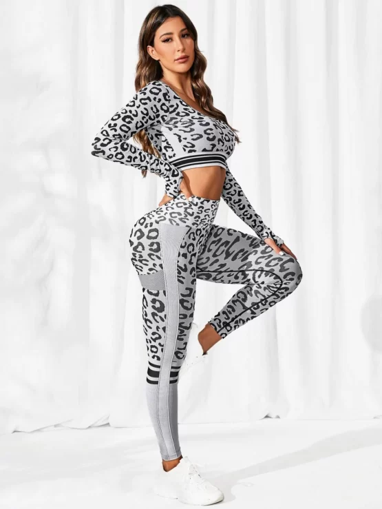 Leopard Print Crop Sports Tee & Leggings - Image 2