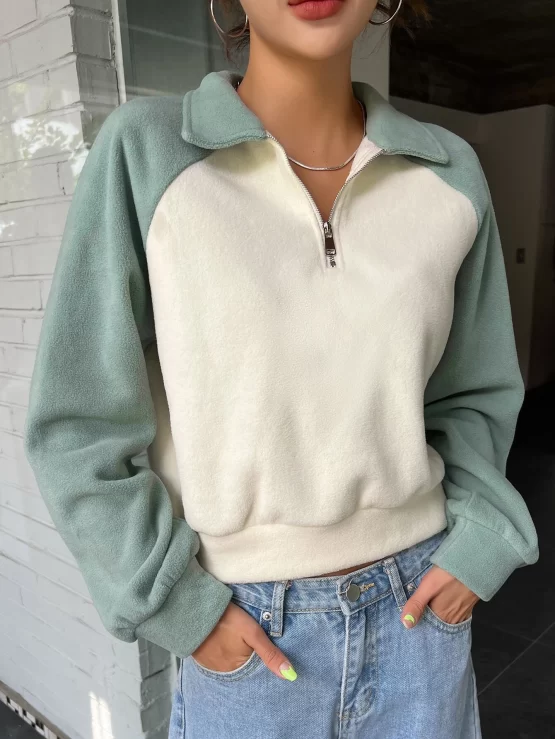 DAZY Two Tone Raglan Half Zipper Fleece Sleeve Pullover